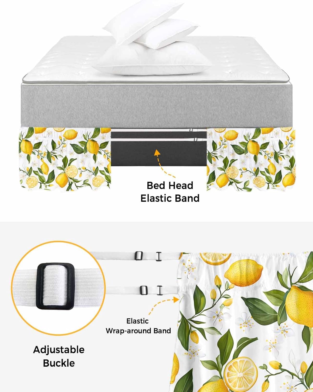 Yellow Lemon Bed Skirt Queen Size 16 Inch Drop, Adjustable Elastic Wrap Around Bed Skirts Easy Fitting Dust Ruffle Bedskirt Bed Frame Cover White Flowers Elegant Country Plants