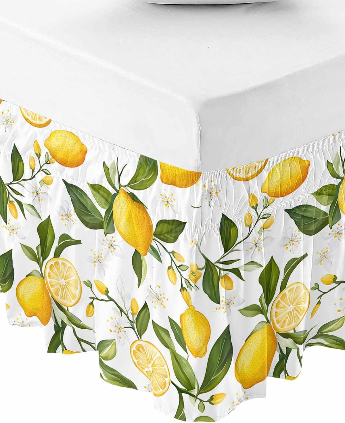 Yellow Lemon Bed Skirt Queen Size 16 Inch Drop, Adjustable Elastic Wrap Around Bed Skirts Easy Fitting Dust Ruffle Bedskirt Bed Frame Cover White Flowers Elegant Country Plants