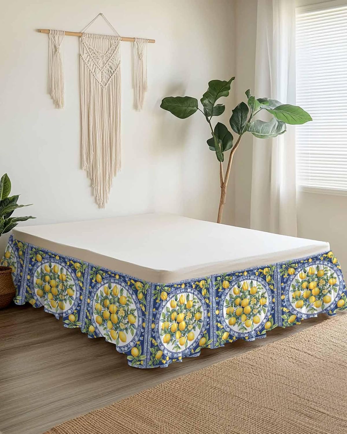 Bed Skirt Yellow Lemons Leaves Summer Blue Texture Ruffle Bed Skirt Wrap Around Bed Skirts for Queen Beds 16" Drop,Adjustable Elastic Dust Ruffles Easy Fit and Wrinkle-Free