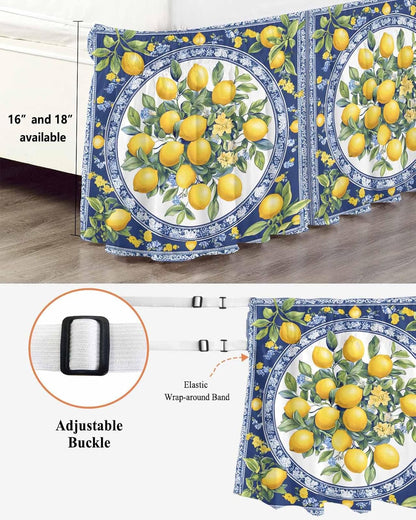 Bed Skirt Yellow Lemons Leaves Summer Blue Texture Ruffle Bed Skirt Wrap Around Bed Skirts for Queen Beds 16" Drop,Adjustable Elastic Dust Ruffles Easy Fit and Wrinkle-Free