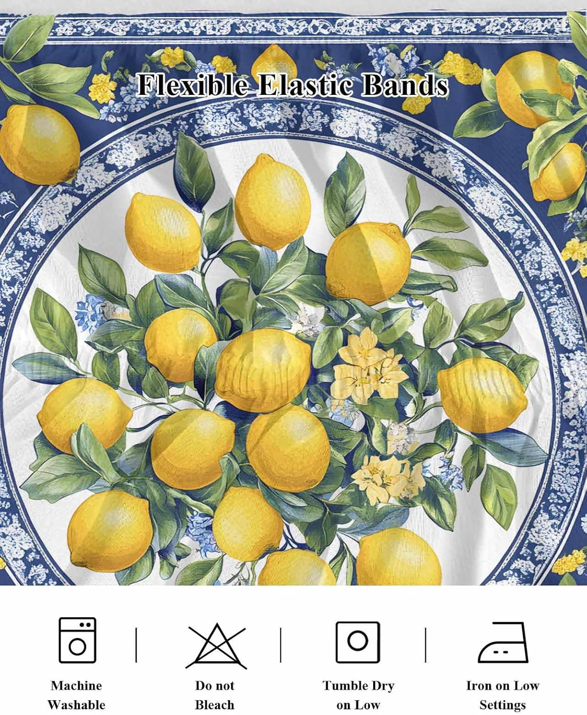 Bed Skirt Yellow Lemons Leaves Summer Blue Texture Ruffle Bed Skirt Wrap Around Bed Skirts for Queen Beds 16" Drop,Adjustable Elastic Dust Ruffles Easy Fit and Wrinkle-Free