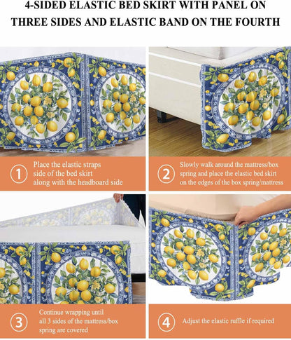 Bed Skirt Yellow Lemons Leaves Summer Blue Texture Ruffle Bed Skirt Wrap Around Bed Skirts for Queen Beds 16" Drop,Adjustable Elastic Dust Ruffles Easy Fit and Wrinkle-Free