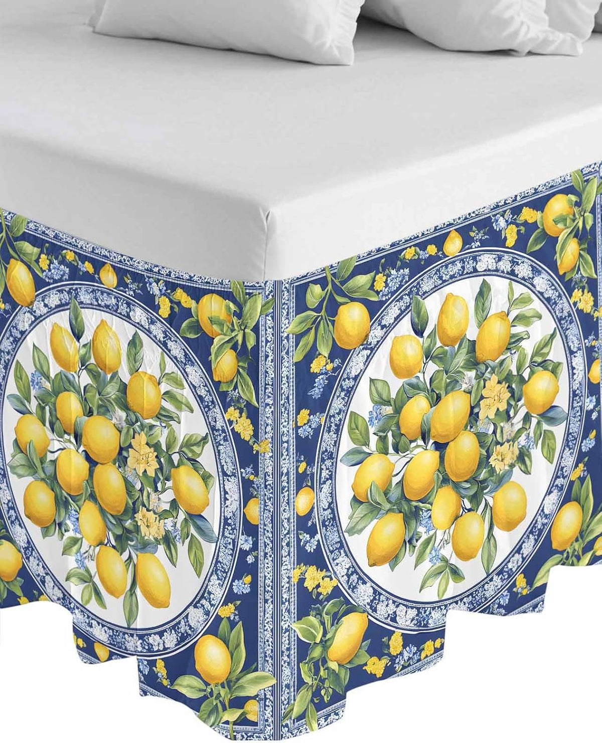Bed Skirt Yellow Lemons Leaves Summer Blue Texture Ruffle Bed Skirt Wrap Around Bed Skirts for Queen Beds 16" Drop,Adjustable Elastic Dust Ruffles Easy Fit and Wrinkle-Free