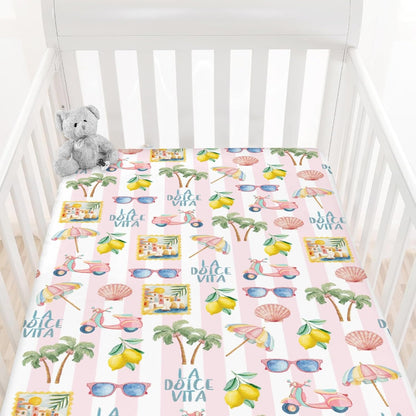 Summer Beach Baby Boys Girls Crib Sheets Coconut Palm Tree Lemon Sunglass Seashells Toddler Bedding Bed Sheets Italian Summer Coastal Fitted Crib Mattress Cover for Standard Crib Mattress 28x52 in