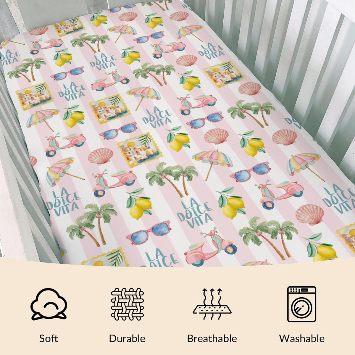 Summer Beach Baby Boys Girls Crib Sheets Coconut Palm Tree Lemon Sunglass Seashells Toddler Bedding Bed Sheets Italian Summer Coastal Fitted Crib Mattress Cover for Standard Crib Mattress 28x52 in