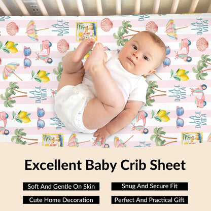 Summer Beach Baby Boys Girls Crib Sheets Coconut Palm Tree Lemon Sunglass Seashells Toddler Bedding Bed Sheets Italian Summer Coastal Fitted Crib Mattress Cover for Standard Crib Mattress 28x52 in