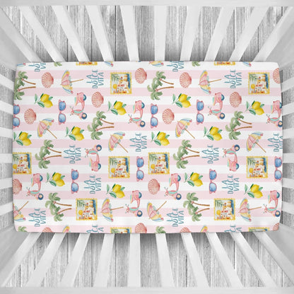 Summer Beach Baby Boys Girls Crib Sheets Coconut Palm Tree Lemon Sunglass Seashells Toddler Bedding Bed Sheets Italian Summer Coastal Fitted Crib Mattress Cover for Standard Crib Mattress 28x52 in