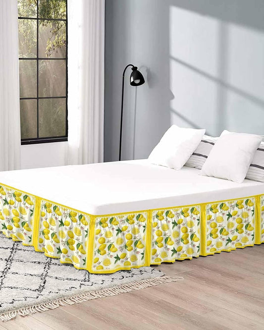 Yellow Summer Lemon Bed Skirt Queen Size 16 Inch Drop, Adjustable Elastic Wrap Around Bed Skirts Easy Fitting Dust Ruffle Bedskirt Bed Frame Cover Summer Botanical Watercolor