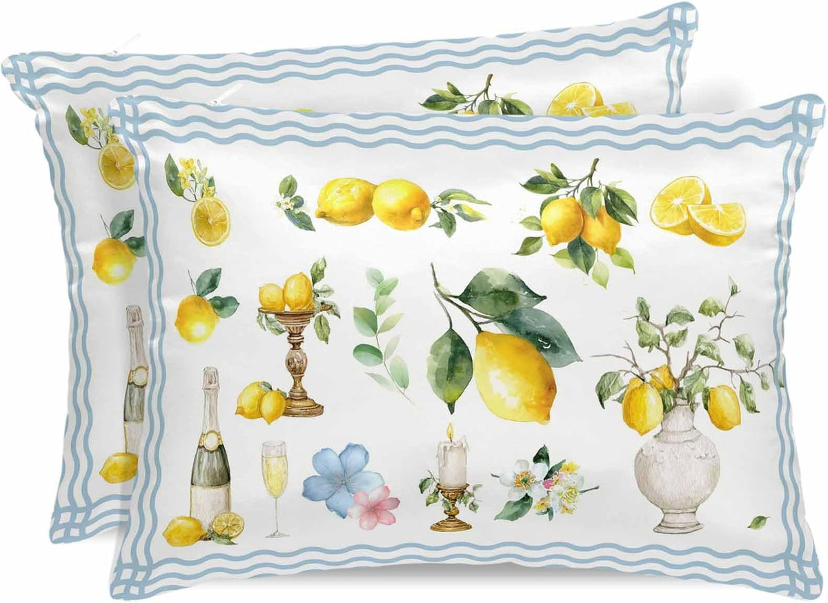 Satin Pillowcase for Hair and Skin Standard Size 2 Pack Summer Lemon Satin Pillow Case Soft Cool Silk Flower Vase Wine Yellow Waves Stripes Pillowcases with Hidden Zipper Throw Pillow Covers 20x26