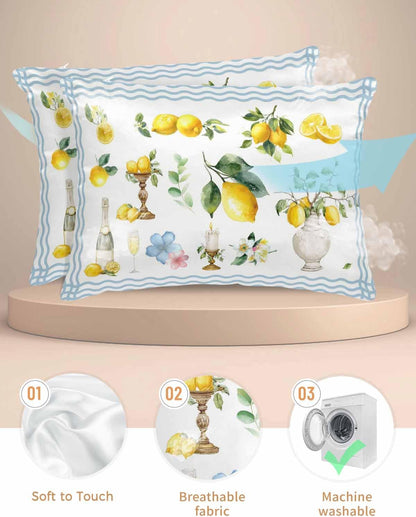 Satin Pillowcase for Hair and Skin Standard Size 2 Pack Summer Lemon Satin Pillow Case Soft Cool Silk Flower Vase Wine Yellow Waves Stripes Pillowcases with Hidden Zipper Throw Pillow Covers 20x26