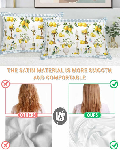 Satin Pillowcase for Hair and Skin Standard Size 2 Pack Summer Lemon Satin Pillow Case Soft Cool Silk Flower Vase Wine Yellow Waves Stripes Pillowcases with Hidden Zipper Throw Pillow Covers 20x26
