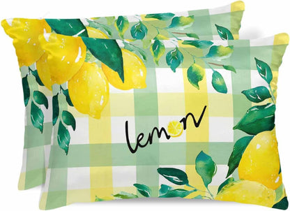 Summer Lemon Pillow Cases Standard Size Set of 2, Satin Pillowcase for Hair and Skin, Botanical Fruit Leaves Yellow Green Striped Throw Pillow Covers Cooling Pillow Protector with Zipper 20"x26"x2