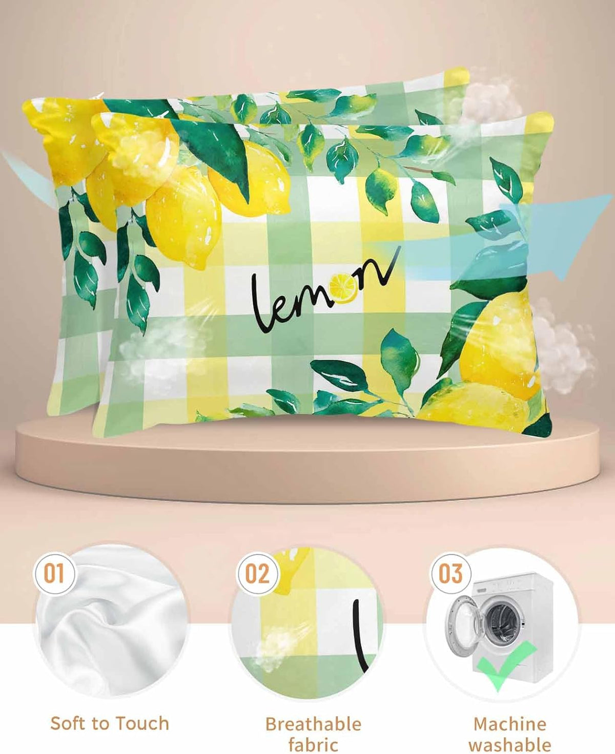 Summer Lemon Pillow Cases Standard Size Set of 2, Satin Pillowcase for Hair and Skin, Botanical Fruit Leaves Yellow Green Striped Throw Pillow Covers Cooling Pillow Protector with Zipper 20"x26"x2
