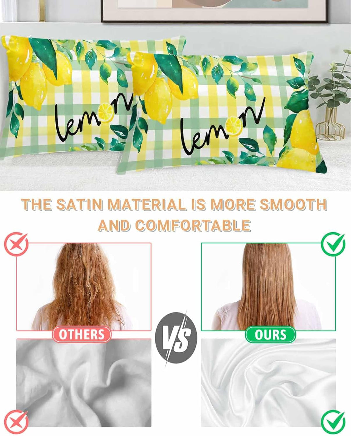 Summer Lemon Pillow Cases Standard Size Set of 2, Satin Pillowcase for Hair and Skin, Botanical Fruit Leaves Yellow Green Striped Throw Pillow Covers Cooling Pillow Protector with Zipper 20"x26"x2