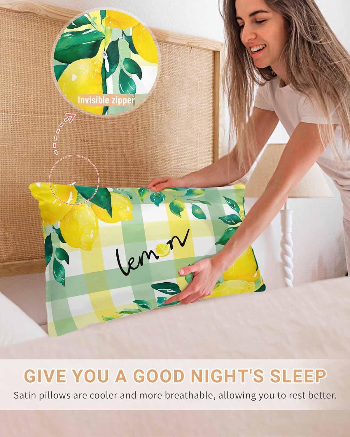Summer Lemon Pillow Cases Standard Size Set of 2, Satin Pillowcase for Hair and Skin, Botanical Fruit Leaves Yellow Green Striped Throw Pillow Covers Cooling Pillow Protector with Zipper 20"x26"x2