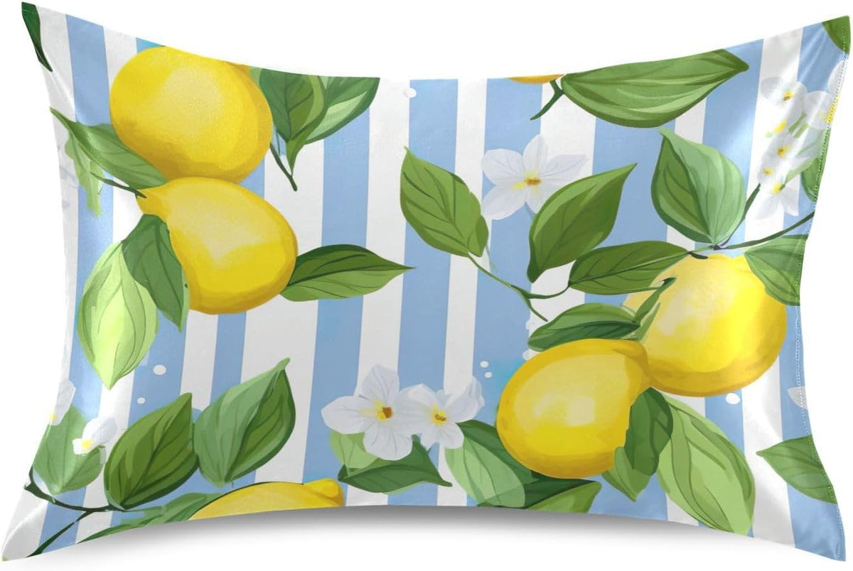 Yellow Lemon Stripe Satin Pillowcase for Hair and Skin Body Body Pillow Cases Standard Size 20"X26" Super Soft Pillow Case with Envelope Closure for Sleeping