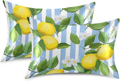 Yellow Lemon Stripe Satin Pillowcase for Hair and Skin Body Body Pillow Cases Standard Size 20"X26" Super Soft Pillow Case with Envelope Closure for Sleeping