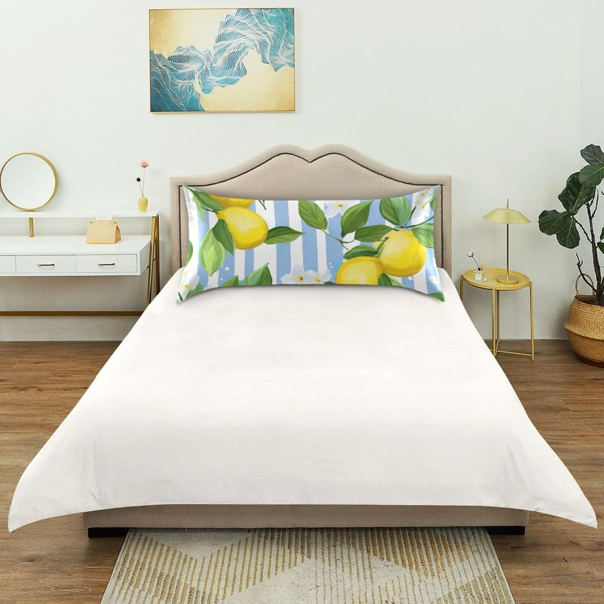 Yellow Lemon Stripe Satin Pillowcase for Hair and Skin Body Body Pillow Cases Standard Size 20"X26" Super Soft Pillow Case with Envelope Closure for Sleeping