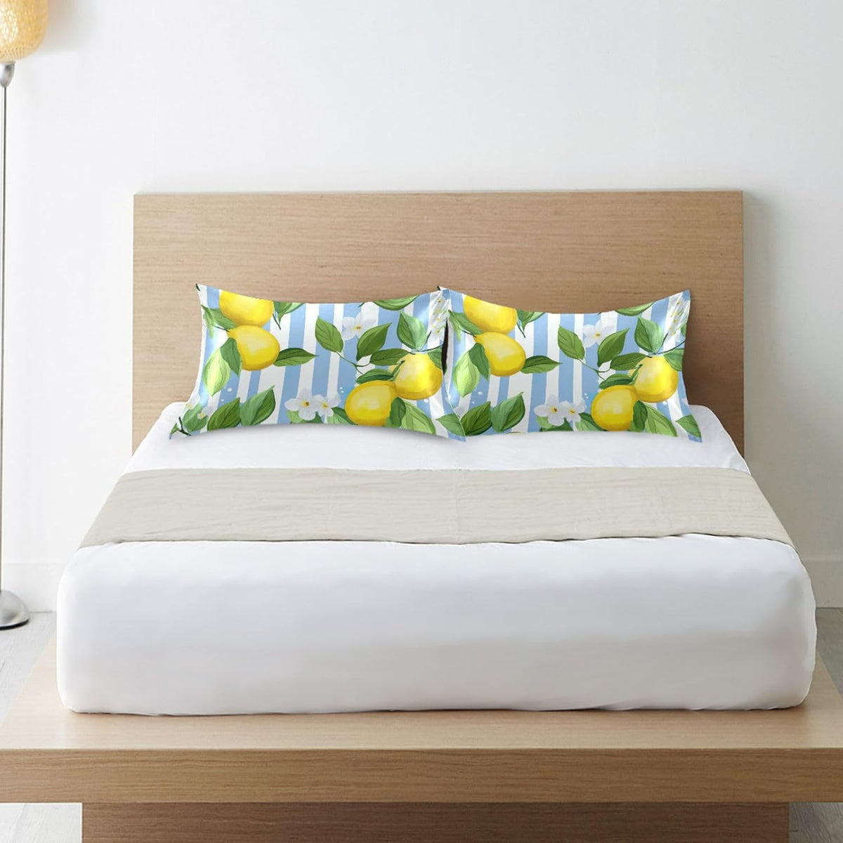 Yellow Lemon Stripe Satin Pillowcase for Hair and Skin Body Body Pillow Cases Standard Size 20"X26" Super Soft Pillow Case with Envelope Closure for Sleeping