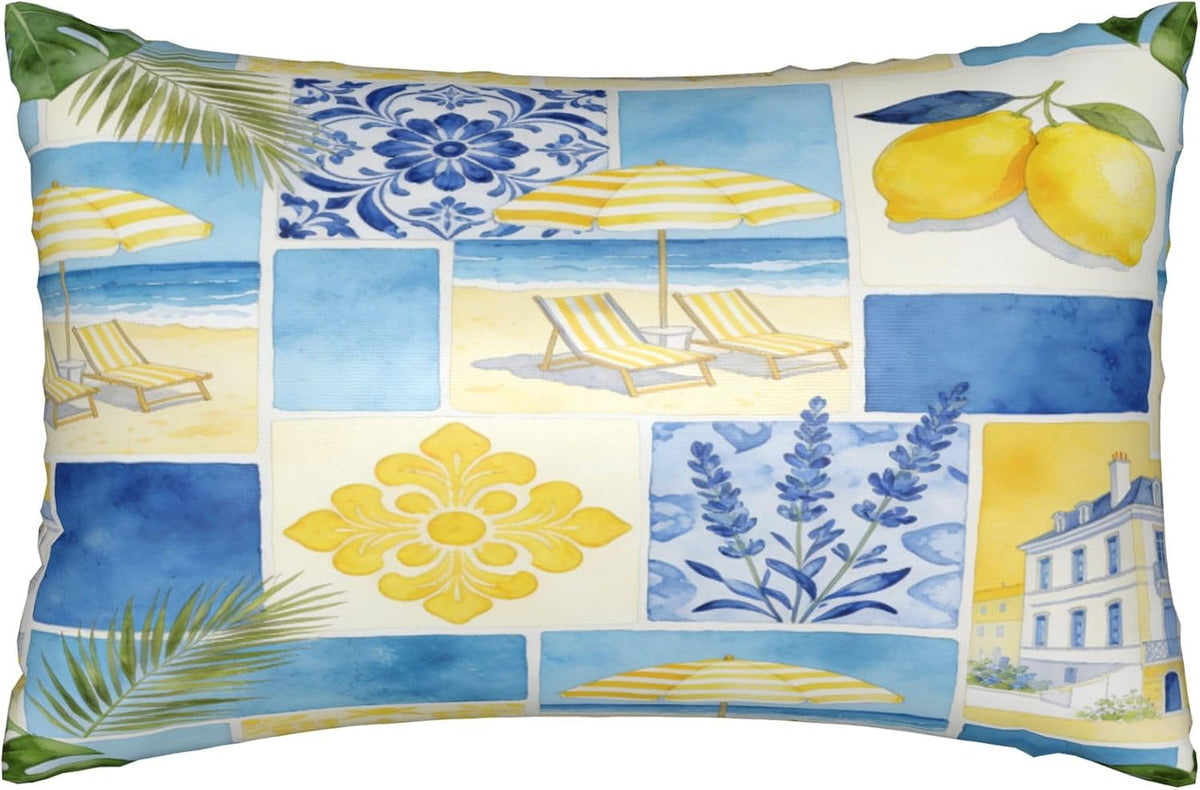 Satin Pillowcase for Hair and Skin, Blue Yellow Lemon Beach Silky Pillow Cover with Hidden Zipper, Queen Size 20x30 Inch Cooling Breathable Pillow Covers for Bedroom Sofa