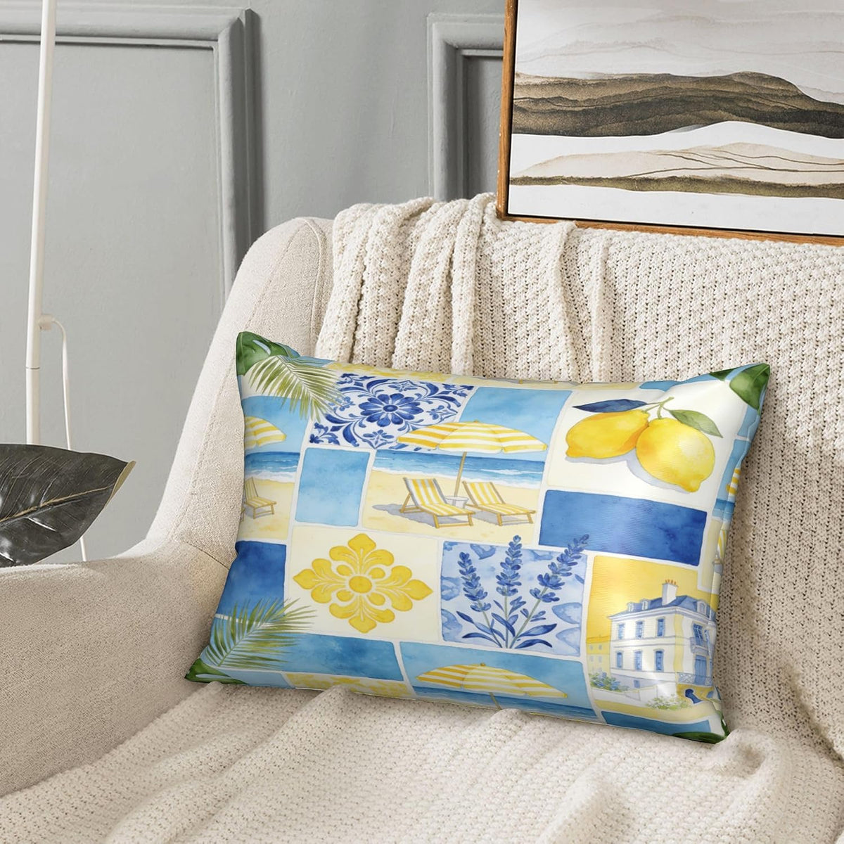 Satin Pillowcase for Hair and Skin, Blue Yellow Lemon Beach Silky Pillow Cover with Hidden Zipper, Queen Size 20x30 Inch Cooling Breathable Pillow Covers for Bedroom Sofa