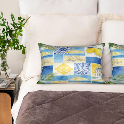 Satin Pillowcase for Hair and Skin, Blue Yellow Lemon Beach Silky Pillow Cover with Hidden Zipper, Queen Size 20x30 Inch Cooling Breathable Pillow Covers for Bedroom Sofa