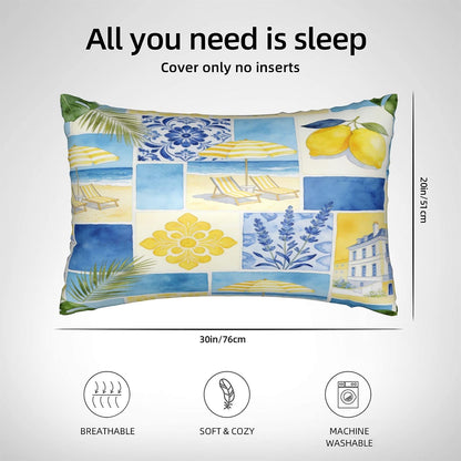 Satin Pillowcase for Hair and Skin, Blue Yellow Lemon Beach Silky Pillow Cover with Hidden Zipper, Queen Size 20x30 Inch Cooling Breathable Pillow Covers for Bedroom Sofa