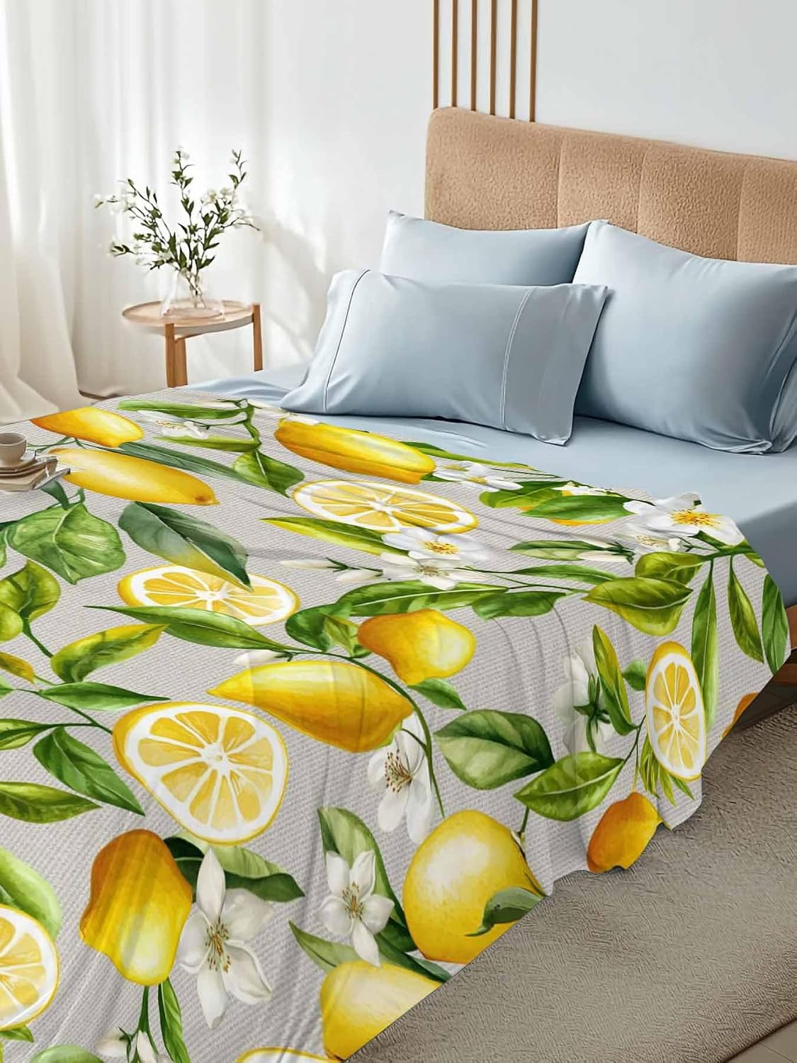 Queen Size Top Sheet Only, Summer Lemon Flower Leaf Flat Sheet Microfiber Breathable Soft Bed Sheets, Country Yellow Fruit Floral Plant Hotel Bedding Flat Sheets for Bedroom