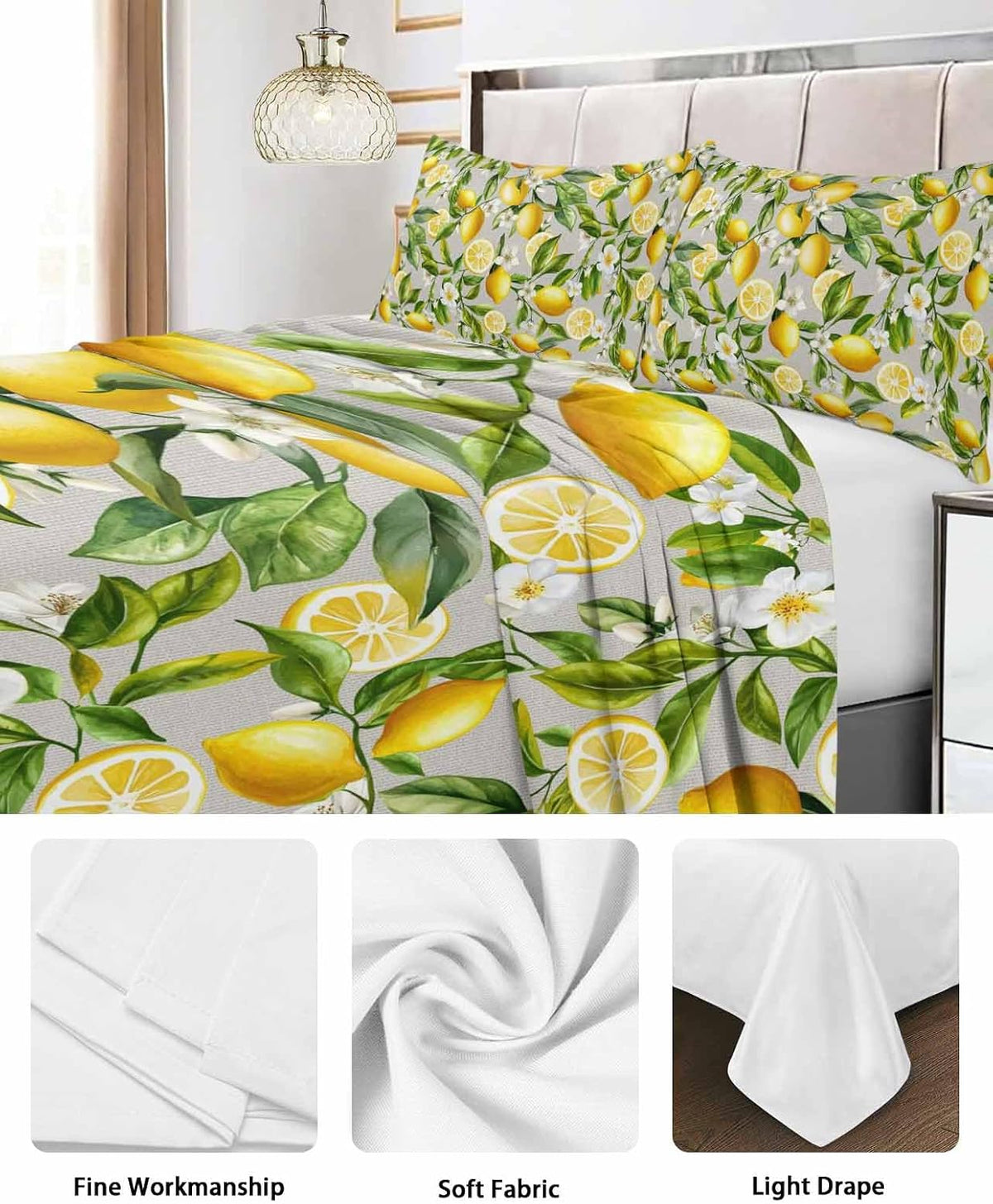 Queen Size Top Sheet Only, Summer Lemon Flower Leaf Flat Sheet Microfiber Breathable Soft Bed Sheets, Country Yellow Fruit Floral Plant Hotel Bedding Flat Sheets for Bedroom