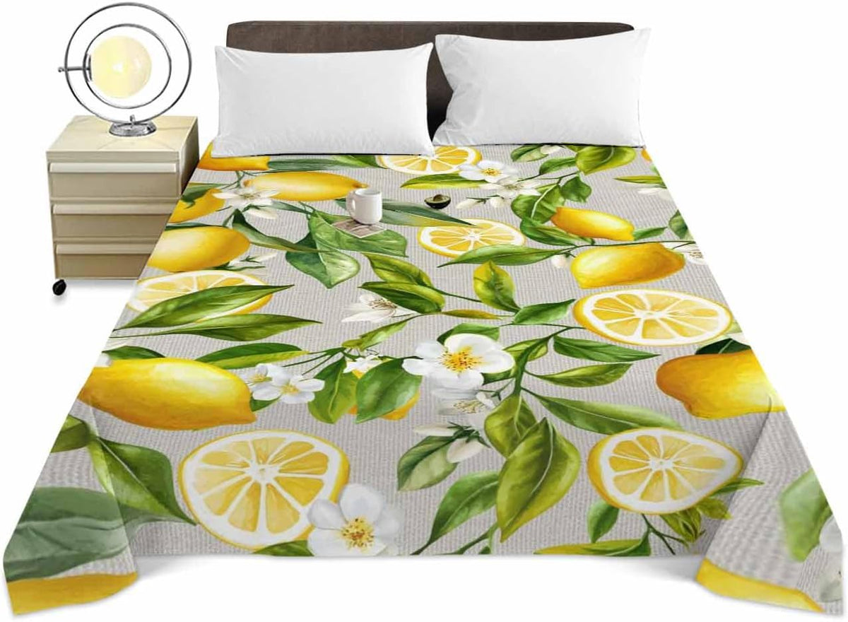 Queen Size Top Sheet Only, Summer Lemon Flower Leaf Flat Sheet Microfiber Breathable Soft Bed Sheets, Country Yellow Fruit Floral Plant Hotel Bedding Flat Sheets for Bedroom