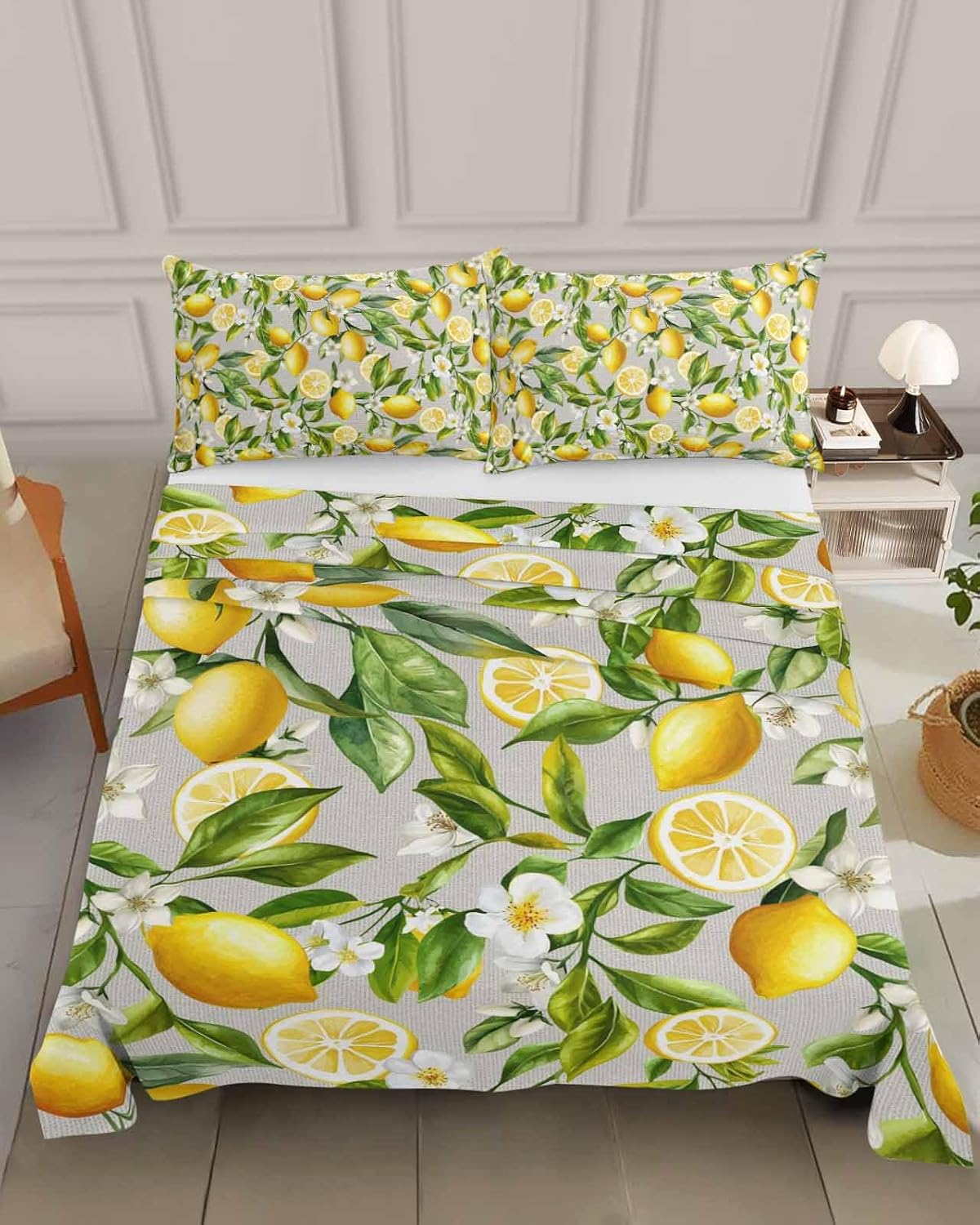 Queen Size Top Sheet Only, Summer Lemon Flower Leaf Flat Sheet Microfiber Breathable Soft Bed Sheets, Country Yellow Fruit Floral Plant Hotel Bedding Flat Sheets for Bedroom