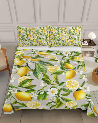 Queen Size Top Sheet Only, Summer Lemon Flower Leaf Flat Sheet Microfiber Breathable Soft Bed Sheets, Country Yellow Fruit Floral Plant Hotel Bedding Flat Sheets for Bedroom