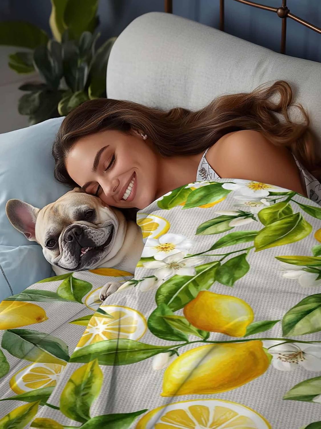 Queen Size Top Sheet Only, Summer Lemon Flower Leaf Flat Sheet Microfiber Breathable Soft Bed Sheets, Country Yellow Fruit Floral Plant Hotel Bedding Flat Sheets for Bedroom