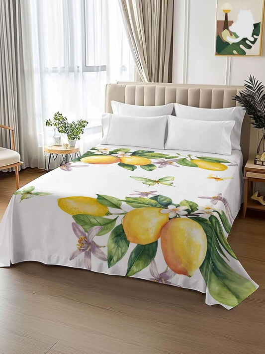 Queen Size Top Sheet Only, Vintage Farm Lemon Flowers Flat Sheet Microfiber Breathable Soft Bed Sheets, Yellow Fruit Butterfly Floral Hotel Bedding Flat Sheets for Bedroom