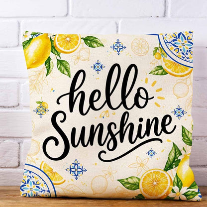 Lemon Yellow and Blue Throw Pillow Cover 18x18,Mediterranean Summer Citrus Sunshine Art Decorative Cushion Cover,Linen Blend Square Pillowcase for Sofa Couch Bed