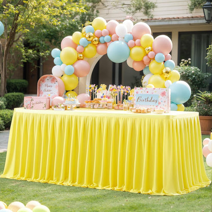 Yellow Polyester Table Skirt for Rectangle Tables 9ft, Wrinkle Resistant Pleated Ruffle Table Cloth for Banquet Wedding Trade Baby Shower Display Gift Dining Table