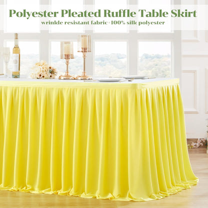 Yellow Polyester Table Skirt for Rectangle Tables 9ft, Wrinkle Resistant Pleated Ruffle Table Cloth for Banquet Wedding Trade Baby Shower Display Gift Dining Table