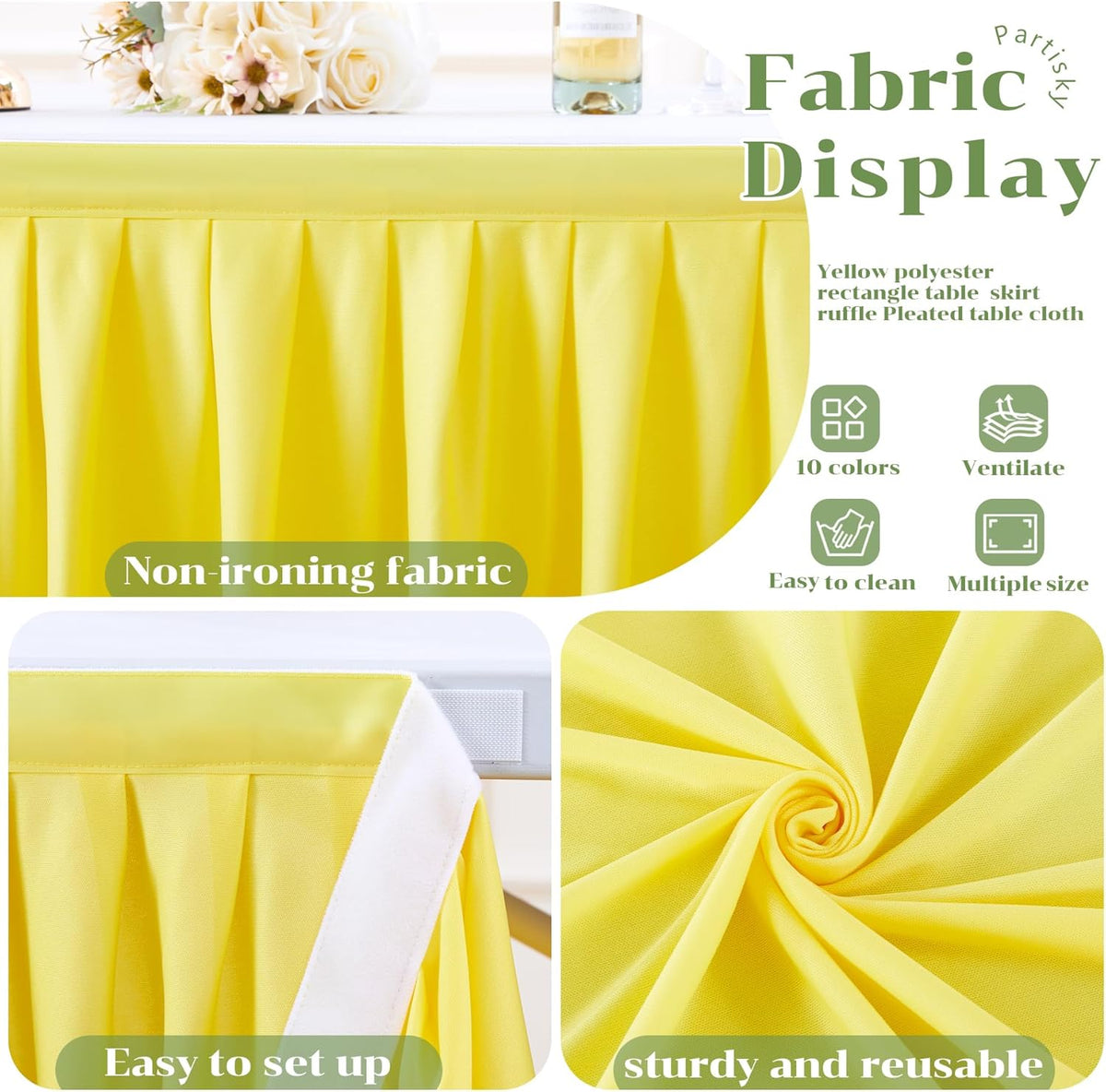 Yellow Polyester Table Skirt for Rectangle Tables 9ft, Wrinkle Resistant Pleated Ruffle Table Cloth for Banquet Wedding Trade Baby Shower Display Gift Dining Table