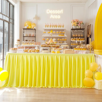 Yellow Polyester Table Skirt for Rectangle Tables 9ft, Wrinkle Resistant Pleated Ruffle Table Cloth for Banquet Wedding Trade Baby Shower Display Gift Dining Table