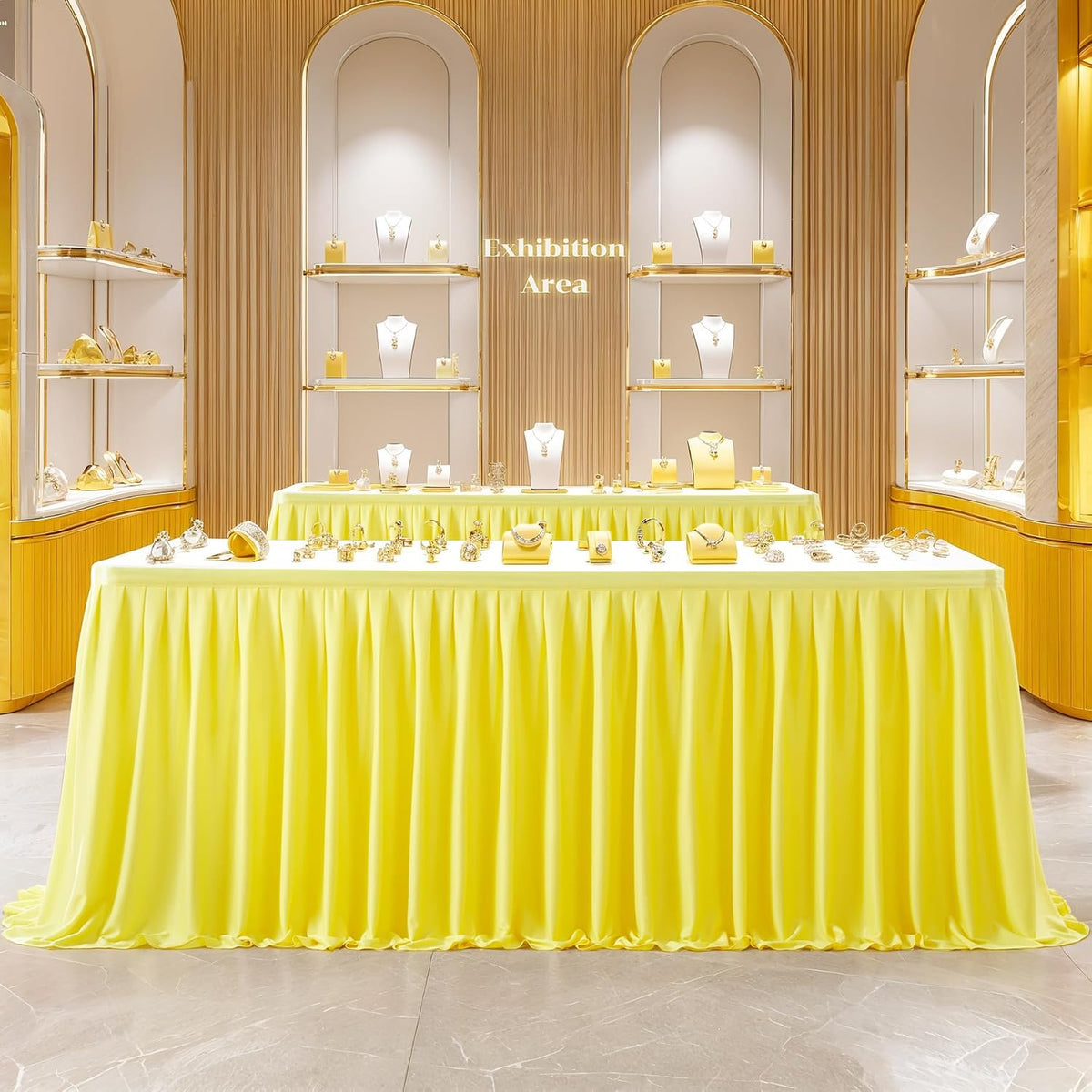 Yellow Polyester Table Skirt for Rectangle Tables 9ft, Wrinkle Resistant Pleated Ruffle Table Cloth for Banquet Wedding Trade Baby Shower Display Gift Dining Table