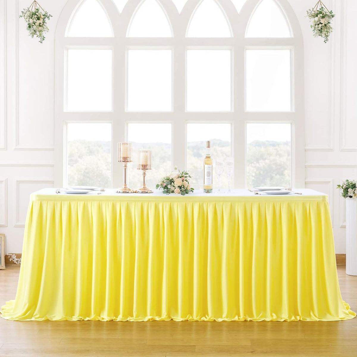 Yellow Polyester Table Skirt for Rectangle Tables 9ft, Wrinkle Resistant Pleated Ruffle Table Cloth for Banquet Wedding Trade Baby Shower Display Gift Dining Table