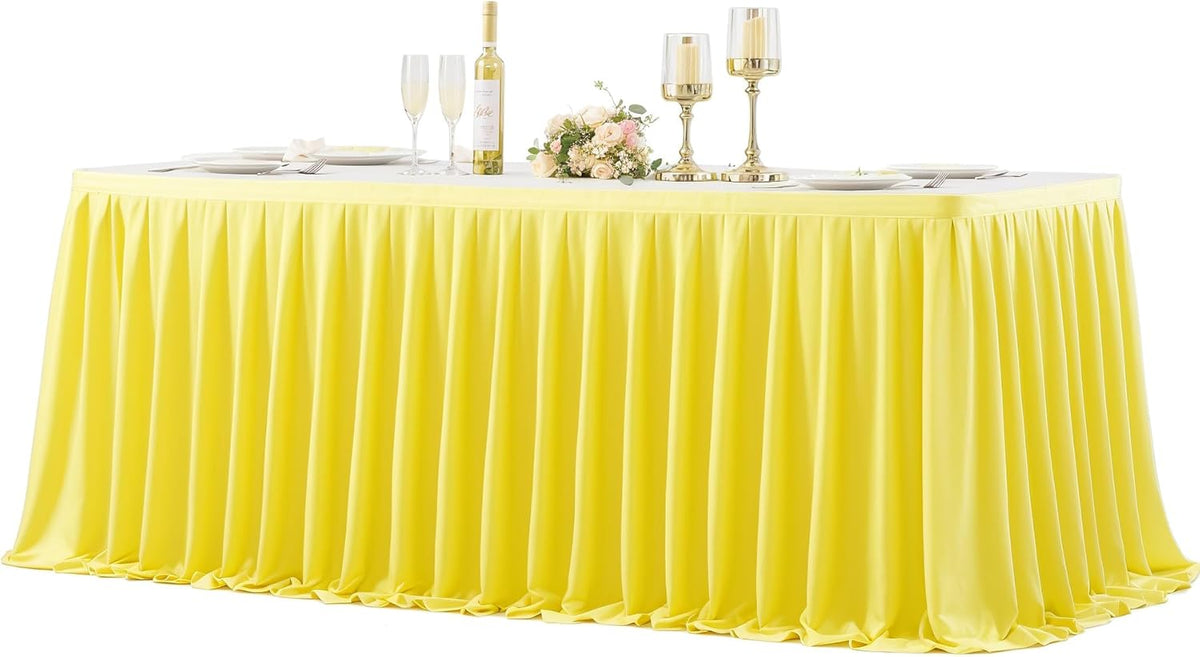 Yellow Polyester Table Skirt for Rectangle Tables 9ft, Wrinkle Resistant Pleated Ruffle Table Cloth for Banquet Wedding Trade Baby Shower Display Gift Dining Table