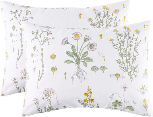 Floral Pillow Cases, 100% Cotton Fabric, Flower Cottagecore Botanical Cute Pattern Printed, Set of 2 Pillowcases Pillow Shams Covers, Yellow Green, Standard Size 20x26 Inches