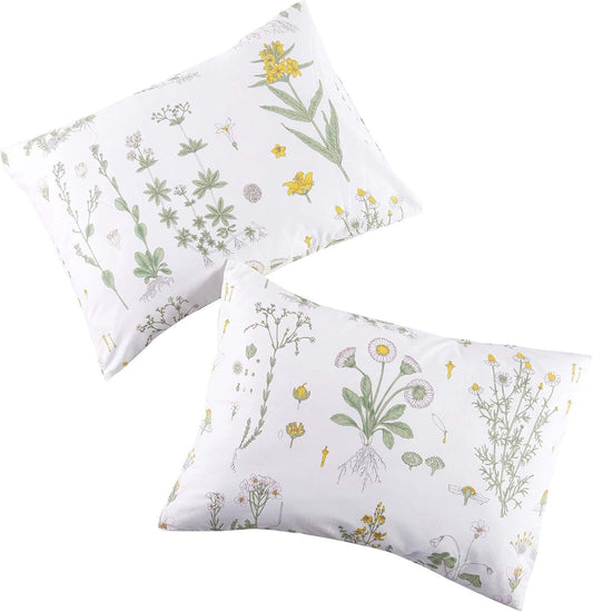 Floral Pillow Cases, 100% Cotton Fabric, Flower Cottagecore Botanical Cute Pattern Printed, Set of 2 Pillowcases Pillow Shams Covers, Yellow Green, Standard Size 20x26 Inches