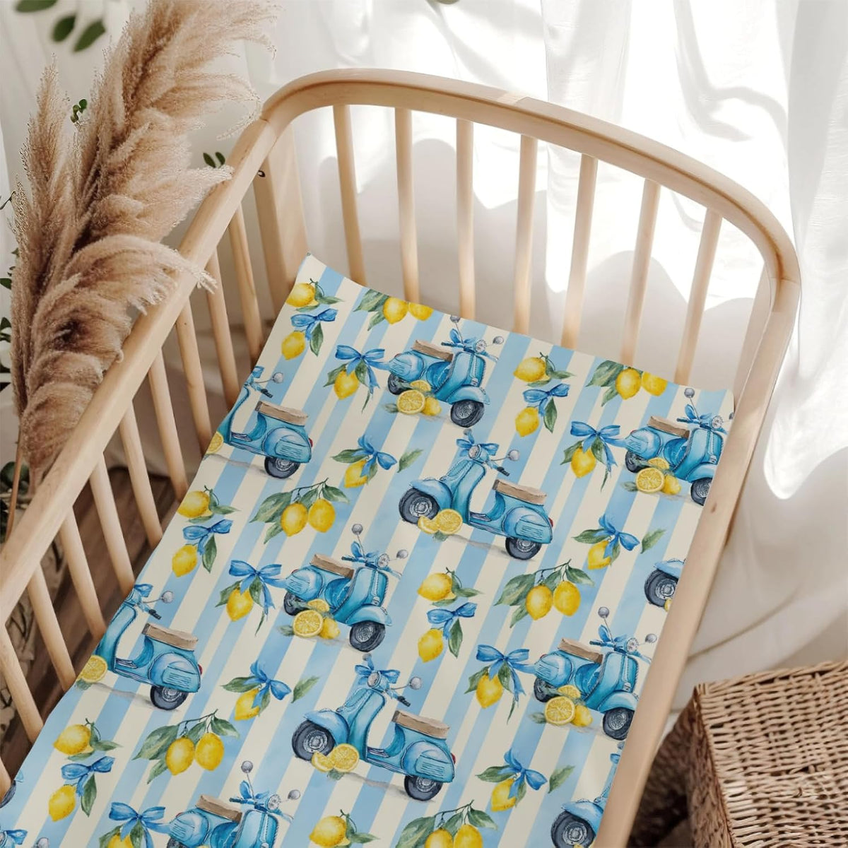 Cute Motorbike Lemon Bows Blue Stripes Baby Crib Sheets for Boy Girl 28"x52" Summer Scooters Yellow Lemons Fitted Crib Mattress Cover for Standard Crib and Toddler Italian Coastal Bed Sheet