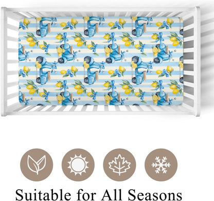 Cute Motorbike Lemon Bows Blue Stripes Baby Crib Sheets for Boy Girl 28"x52" Summer Scooters Yellow Lemons Fitted Crib Mattress Cover for Standard Crib and Toddler Italian Coastal Bed Sheet