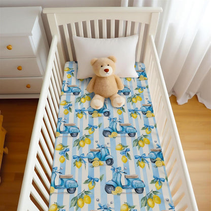 Cute Motorbike Lemon Bows Blue Stripes Baby Crib Sheets for Boy Girl 28"x52" Summer Scooters Yellow Lemons Fitted Crib Mattress Cover for Standard Crib and Toddler Italian Coastal Bed Sheet