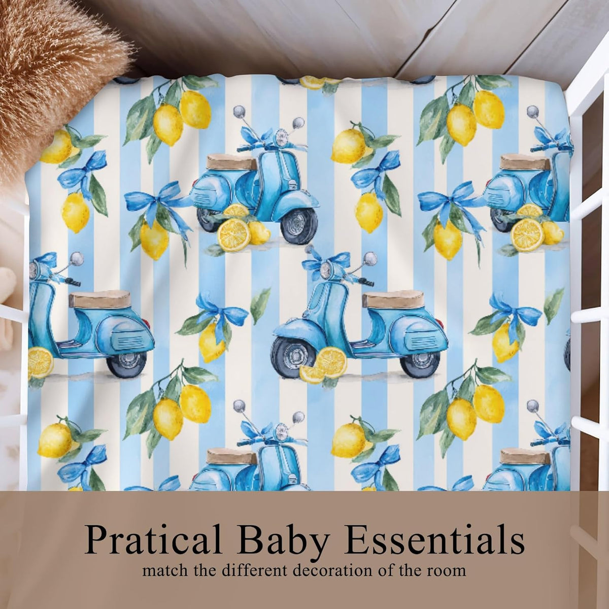 Cute Motorbike Lemon Bows Blue Stripes Baby Crib Sheets for Boy Girl 28"x52" Summer Scooters Yellow Lemons Fitted Crib Mattress Cover for Standard Crib and Toddler Italian Coastal Bed Sheet