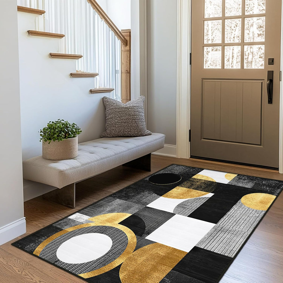 Boho Area Rug for Living Room Abstract Geometric 3x5 Yellow Rug Modern Golden Circles Rugs Non Slip Low Pile Machine Washable Floor Carpet for Indoor Bedroom Kitchen Dining Room Office