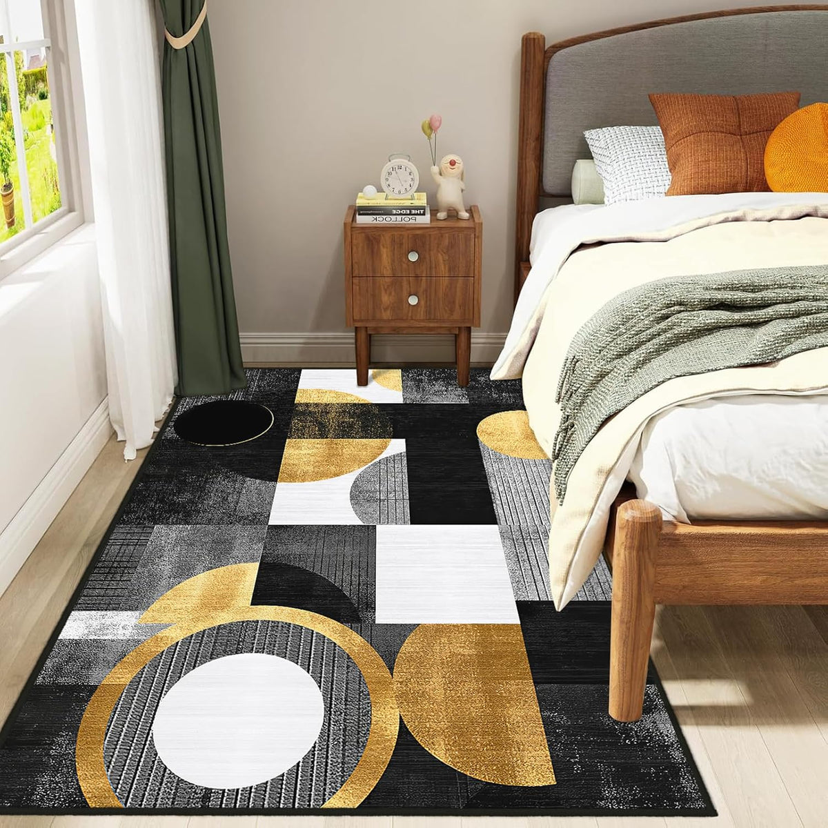 Boho Area Rug for Living Room Abstract Geometric 3x5 Yellow Rug Modern Golden Circles Rugs Non Slip Low Pile Machine Washable Floor Carpet for Indoor Bedroom Kitchen Dining Room Office